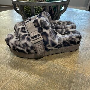 UGG Gray and Black Fluffy Platform Sandals